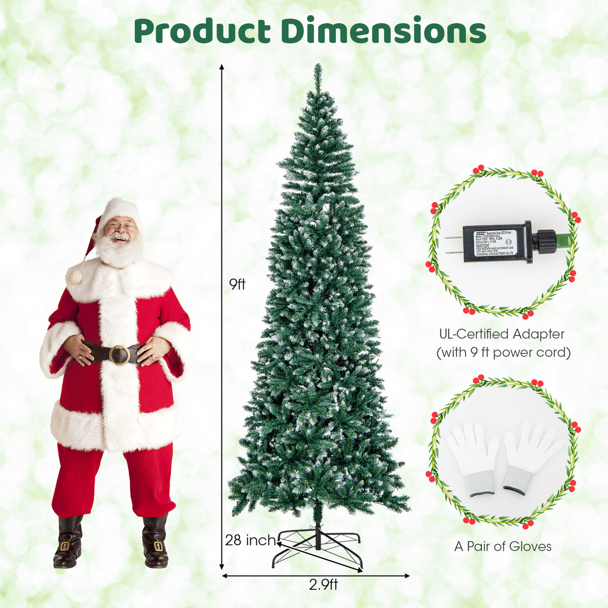 Pre-Lit Artificial Christmas Tree 9 Ft with Snowy Tips & LED Lights