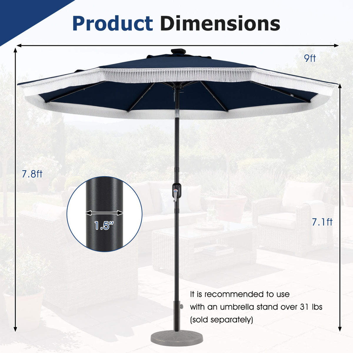 9 Feet Solar Patio Umbrella with 24 LED Lights for Yard