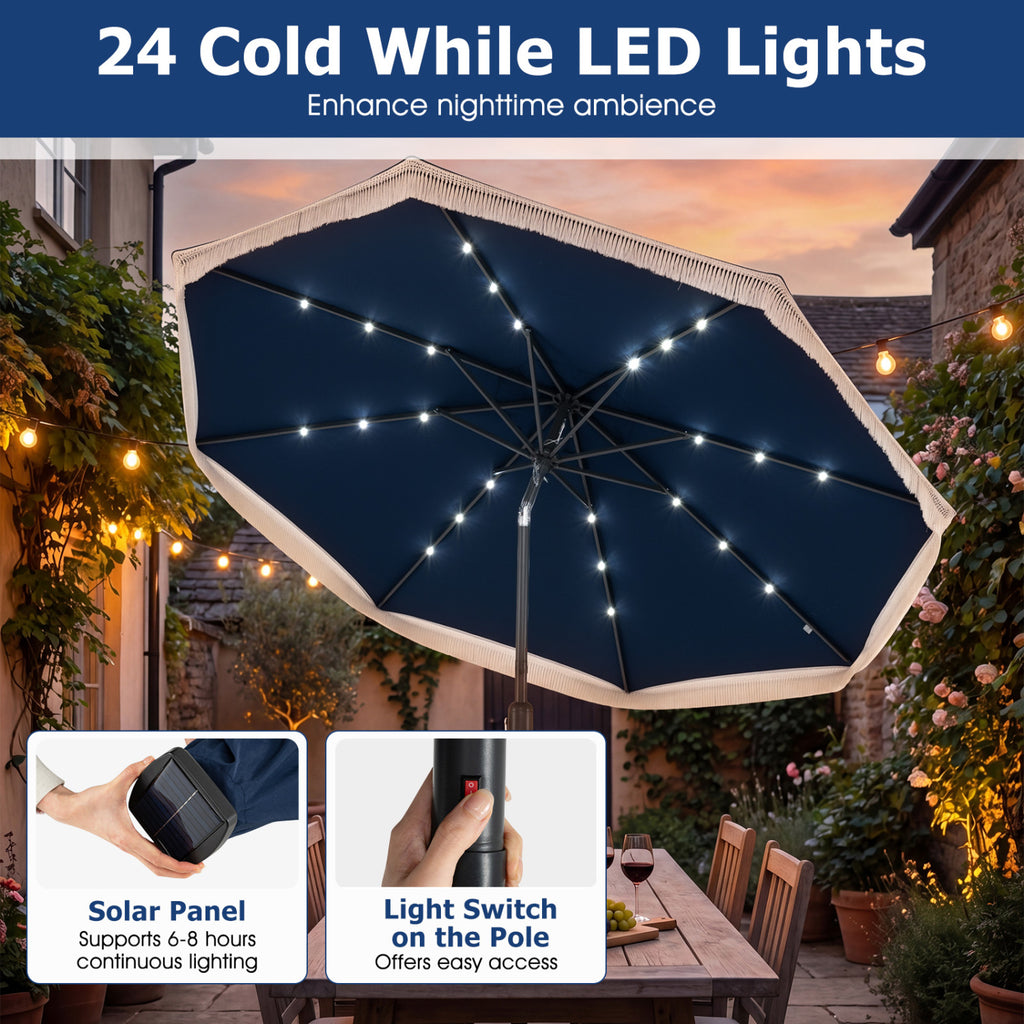 9 Feet Solar Patio Umbrella with 24 LED Lights for Yard