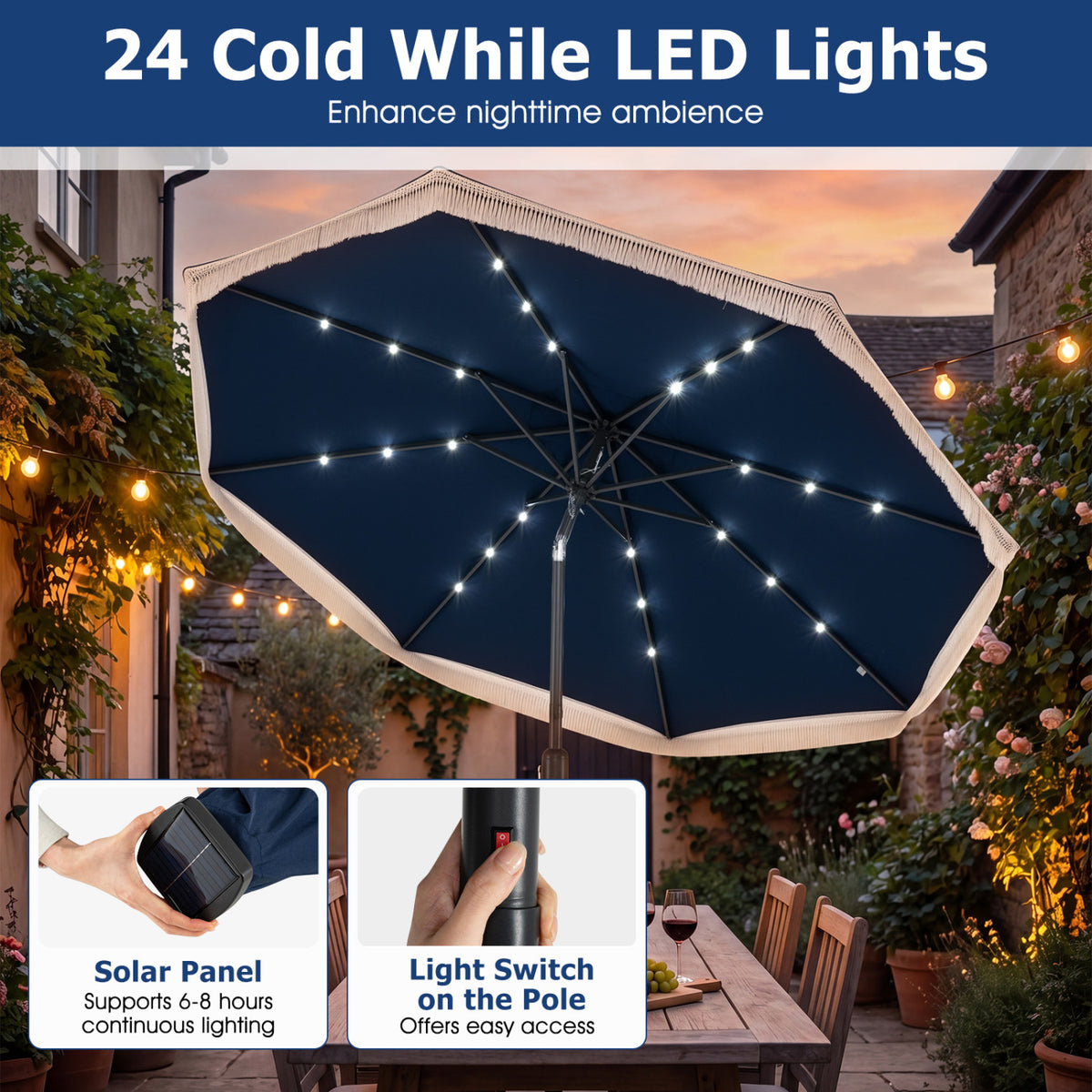 9 Feet Solar Patio Umbrella with 24 LED Lights for Yard