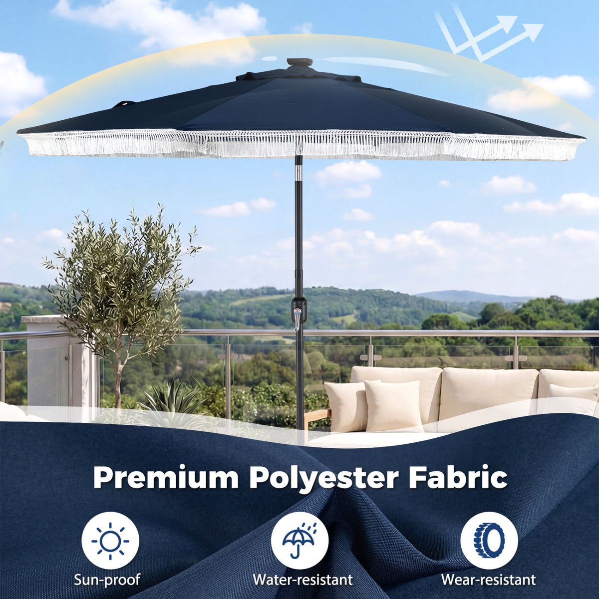 9 Feet Solar Patio Umbrella with 24 LED Lights for Yard