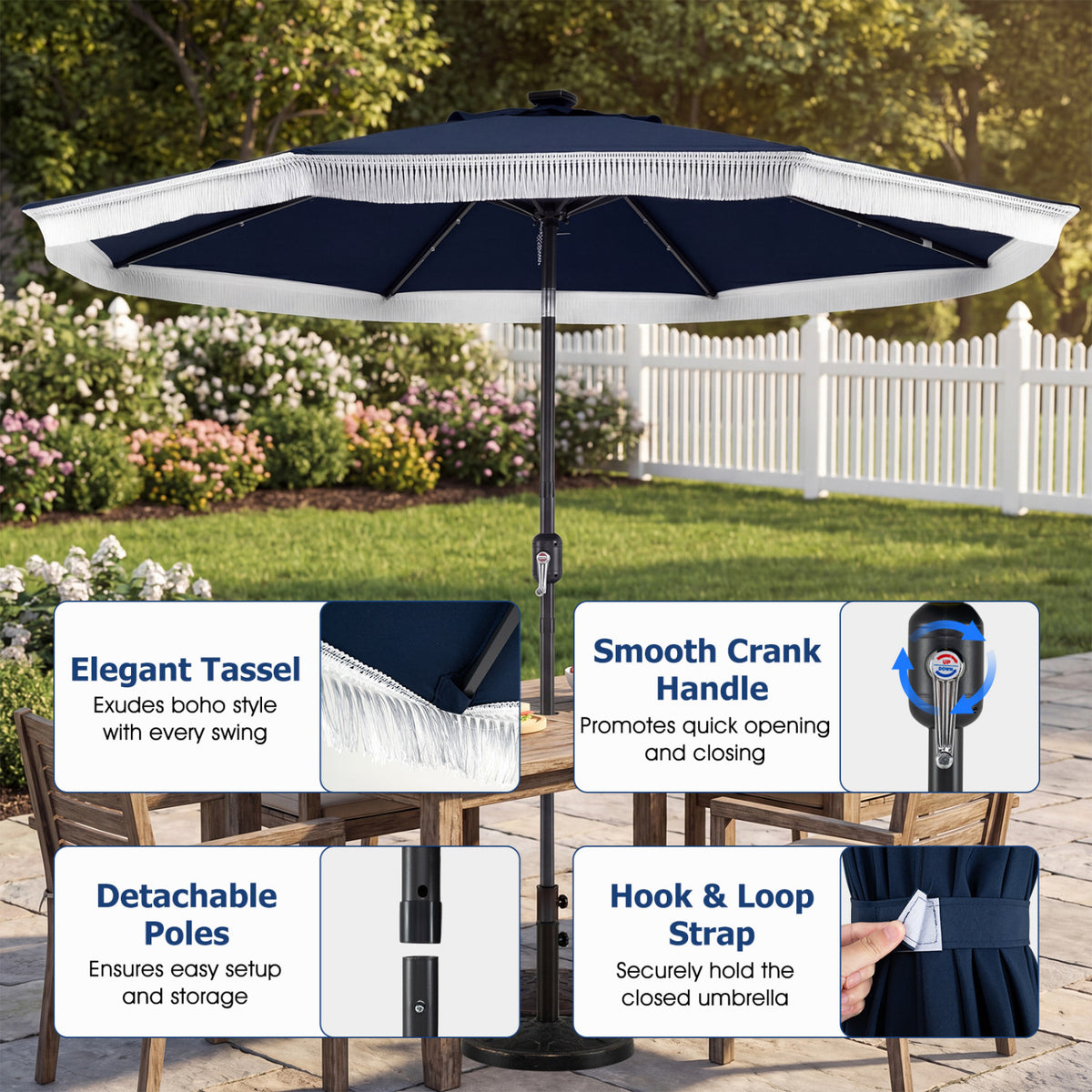 9 Feet Solar Patio Umbrella with 24 LED Lights for Yard
