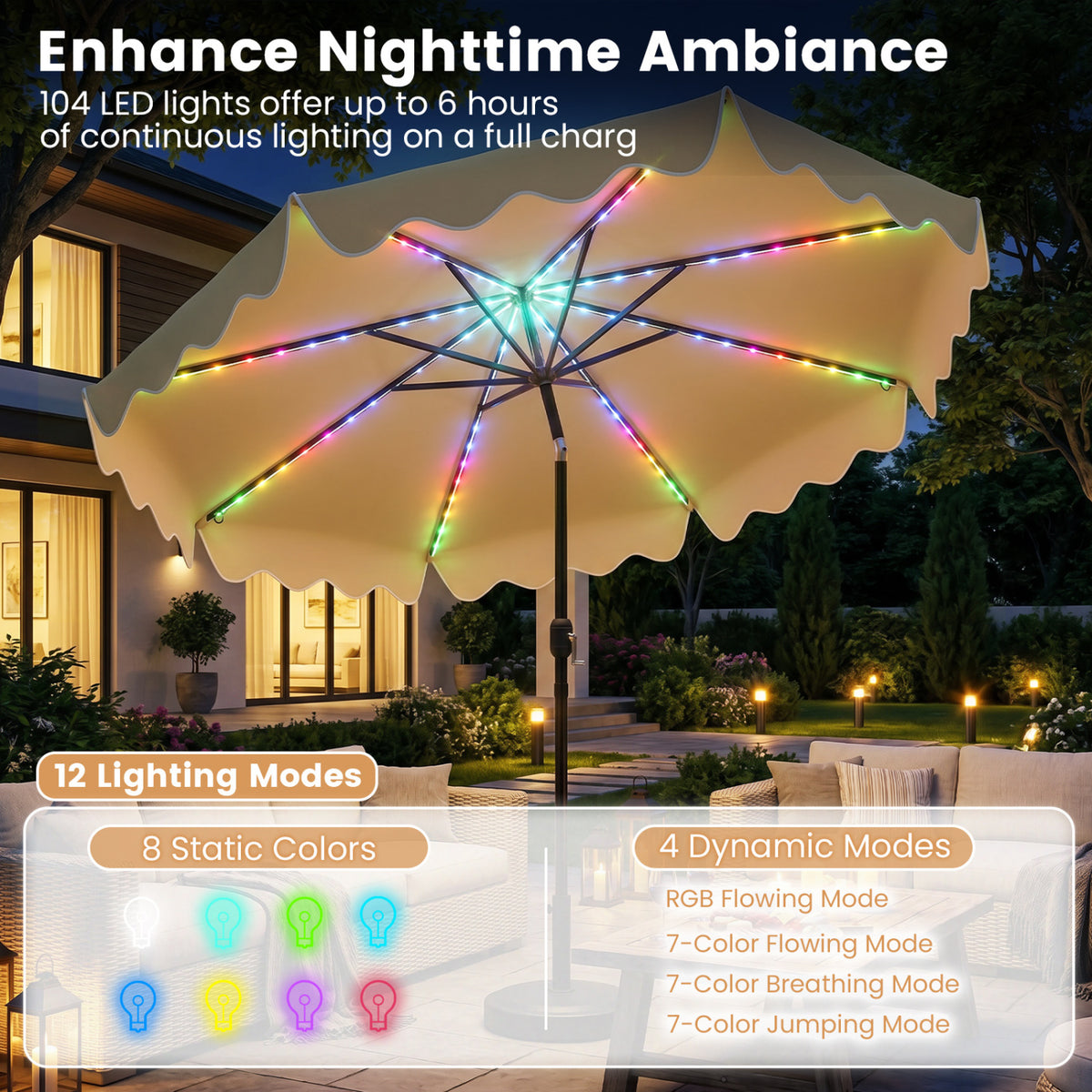 9 Feet Solar Patio Umbrella with Color-Changing LED Lights
