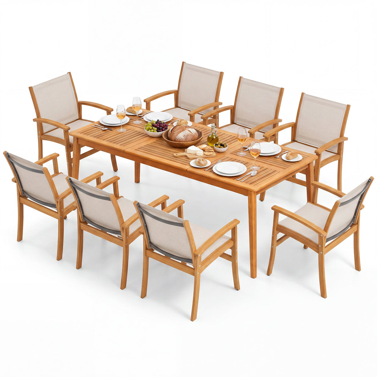 9-Piece Acacia Wood Outdoor Patio Dining Set with 80” Rectangular