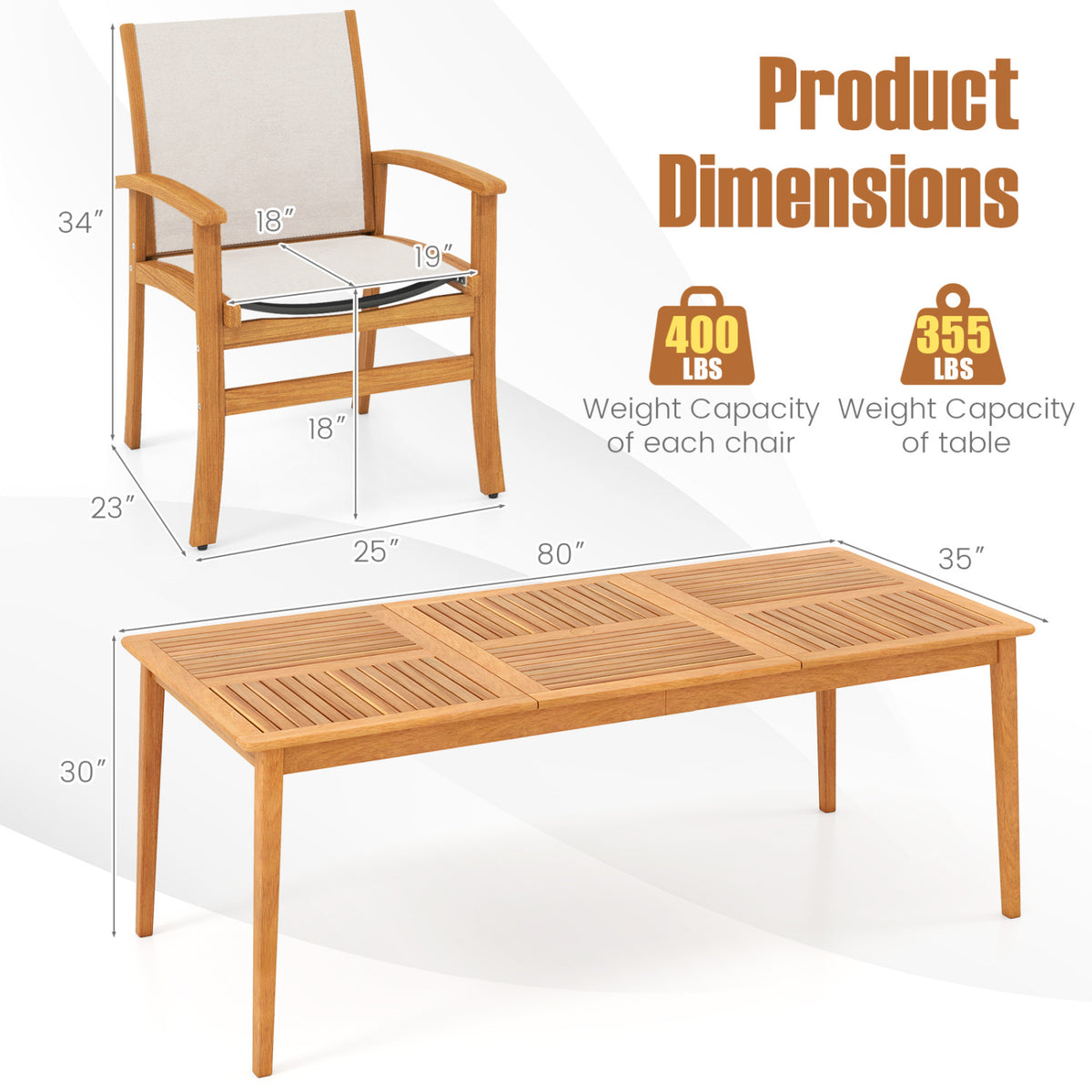 9-Piece Acacia Wood Outdoor Patio Dining Set with 80” Rectangular