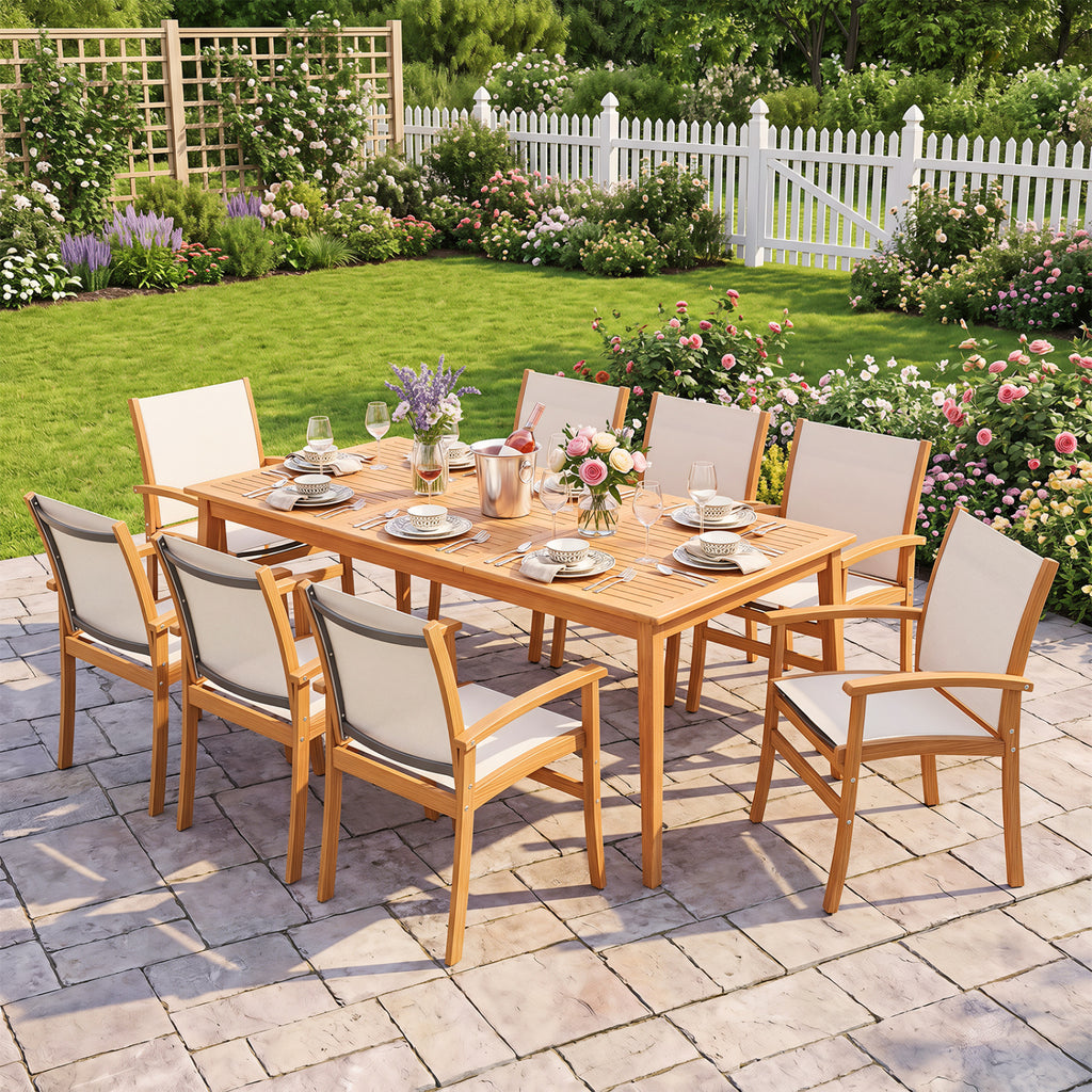 9-Piece Acacia Wood Outdoor Patio Dining Set with 80” Rectangular