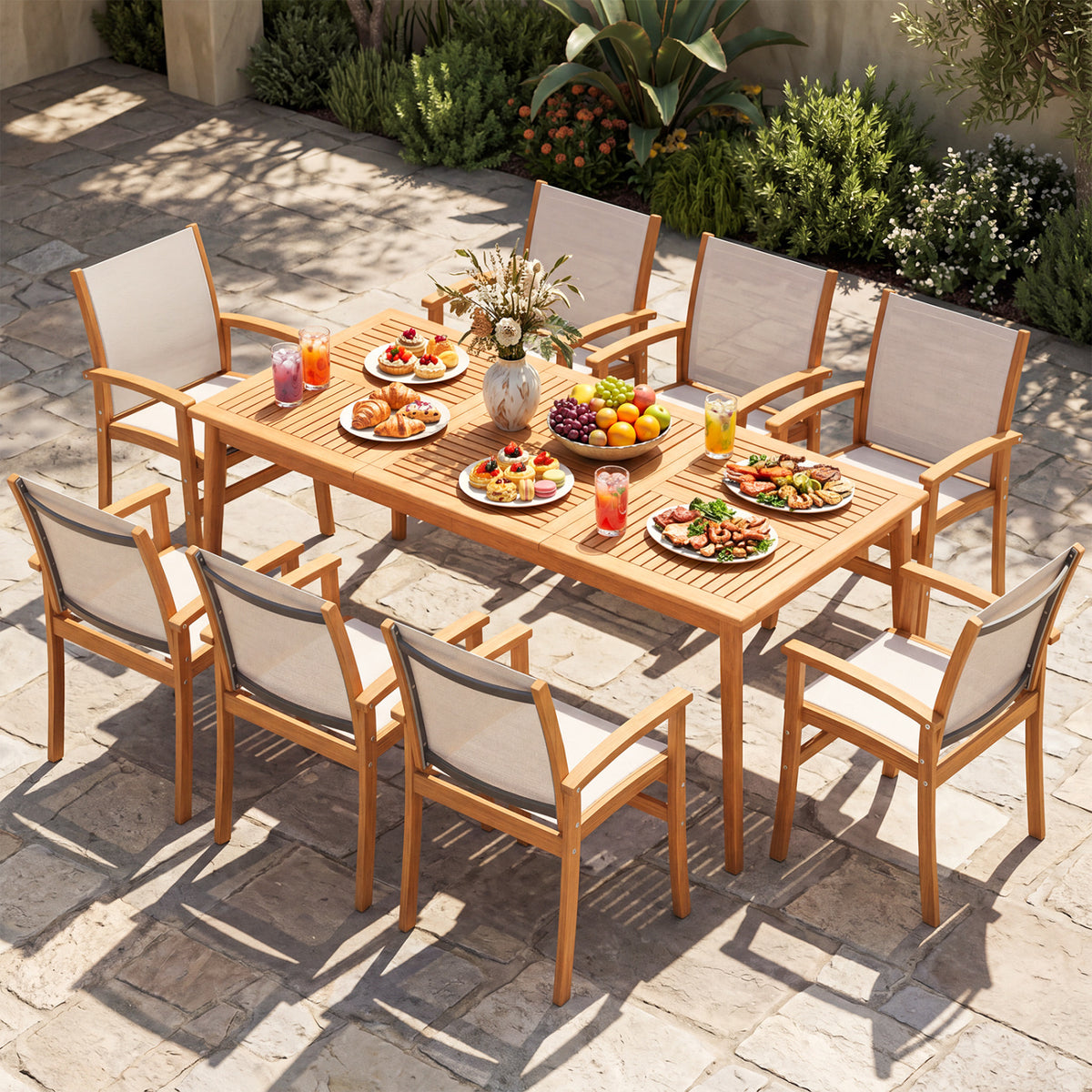 9-Piece Acacia Wood Outdoor Patio Dining Set with 80” Rectangular
