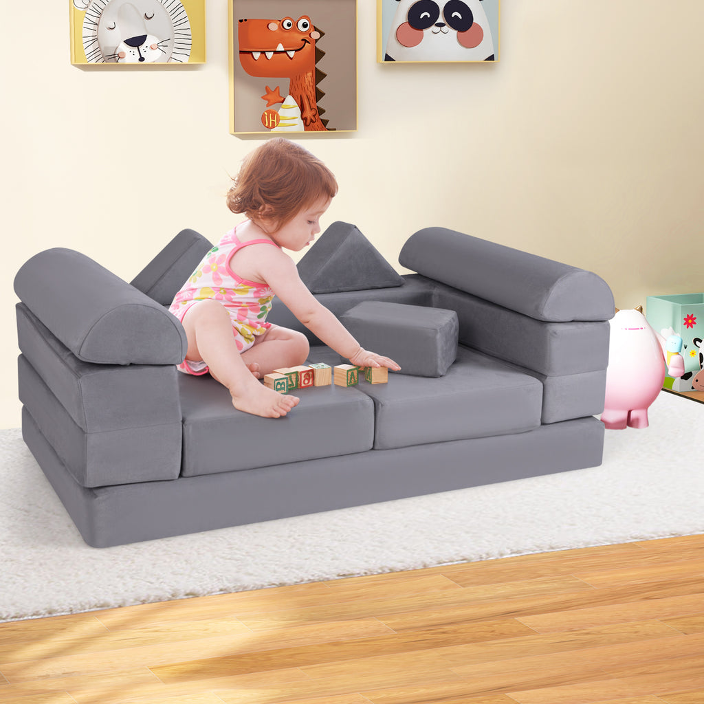 Gray 9-Piece Climb and Crawl Foam Playset with Breathable Suede Fabric - Kids Play Area