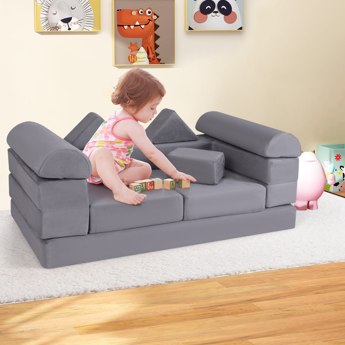 Gray 9-Piece Climb and Crawl Foam Playset with Breathable Suede Fabric - Kids Play Area