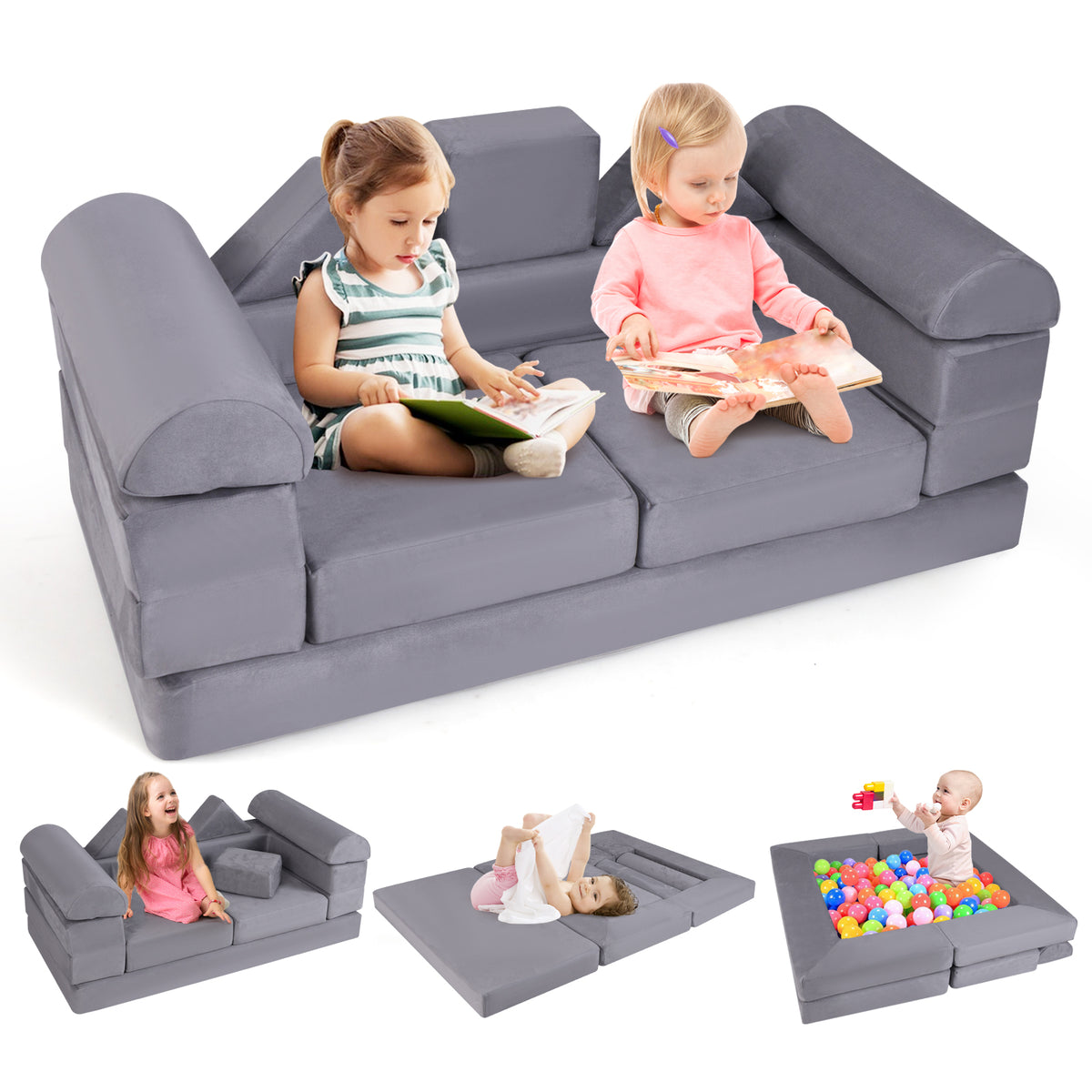 Gray 9-Piece Climb and Crawl Foam Playset with Breathable Suede Fabric - Kids Play Area