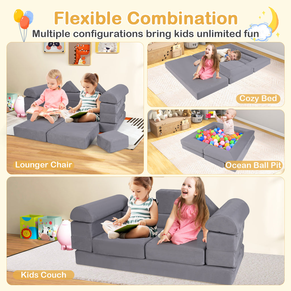 Gray 9-Piece Climb and Crawl Foam Playset with Breathable Suede Fabric - Kids Play Area