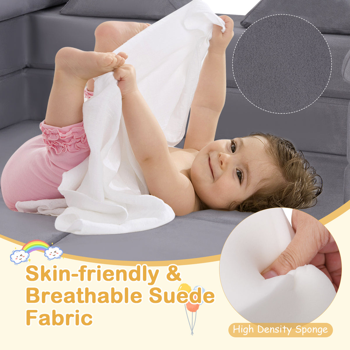 Gray 9-Piece Climb and Crawl Foam Playset with Breathable Suede Fabric - Kids Play Area