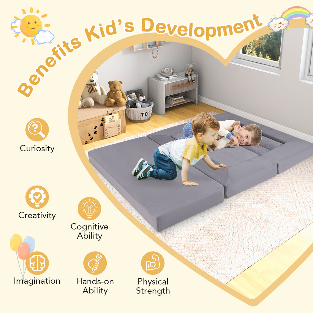 Gray 9-Piece Climb and Crawl Foam Playset with Breathable Suede Fabric - Kids Play Area