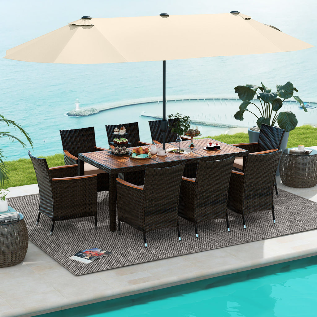 10-Piece Outdoor Dining Set with 15-ft Patio Umbrella - Brown