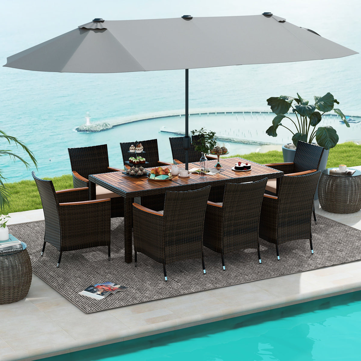 10-Piece Outdoor Dining Set with 15 ft Patio Umbrella - Brown