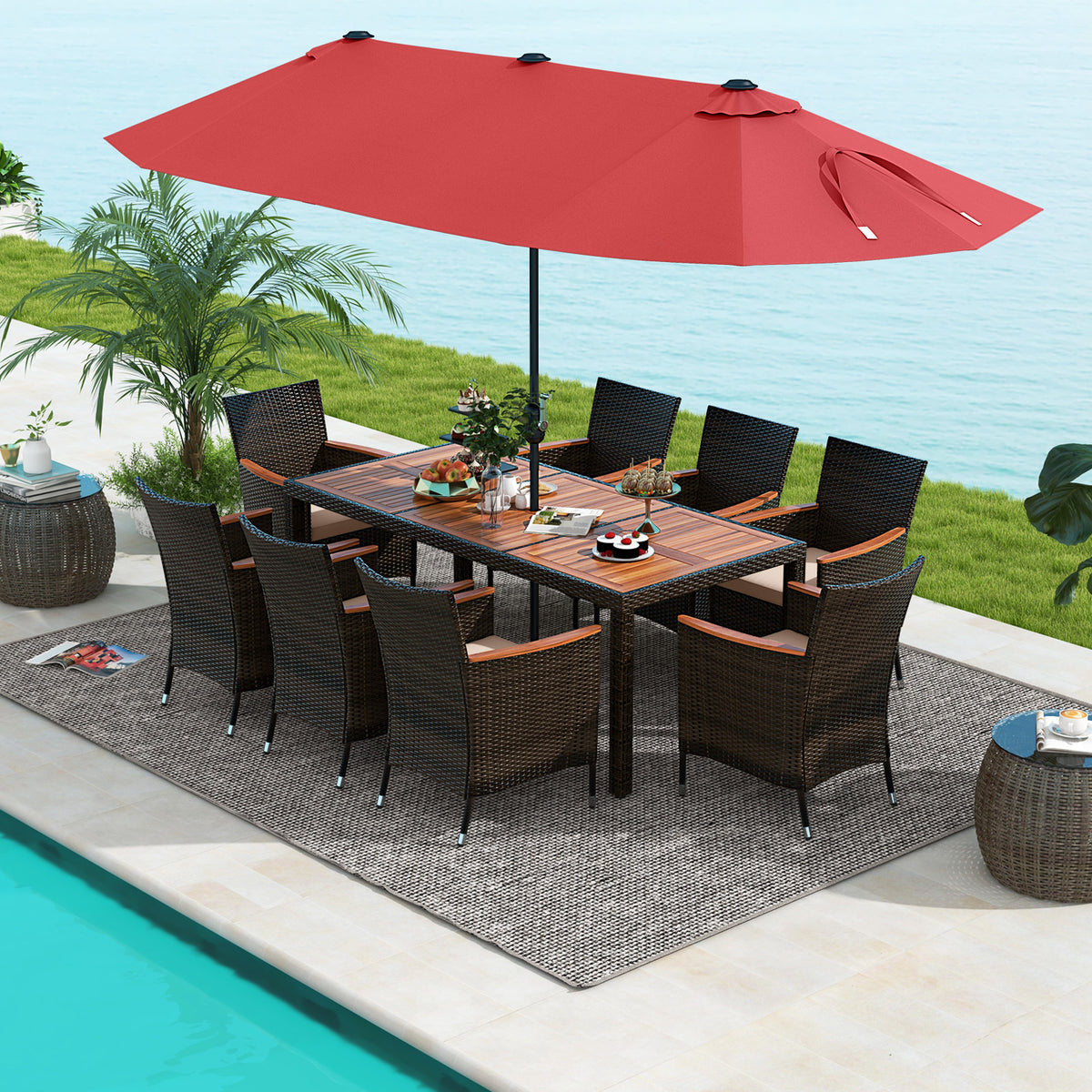 10-Piece Outdoor Dining Set with 15ft Patio Umbrella - Brown