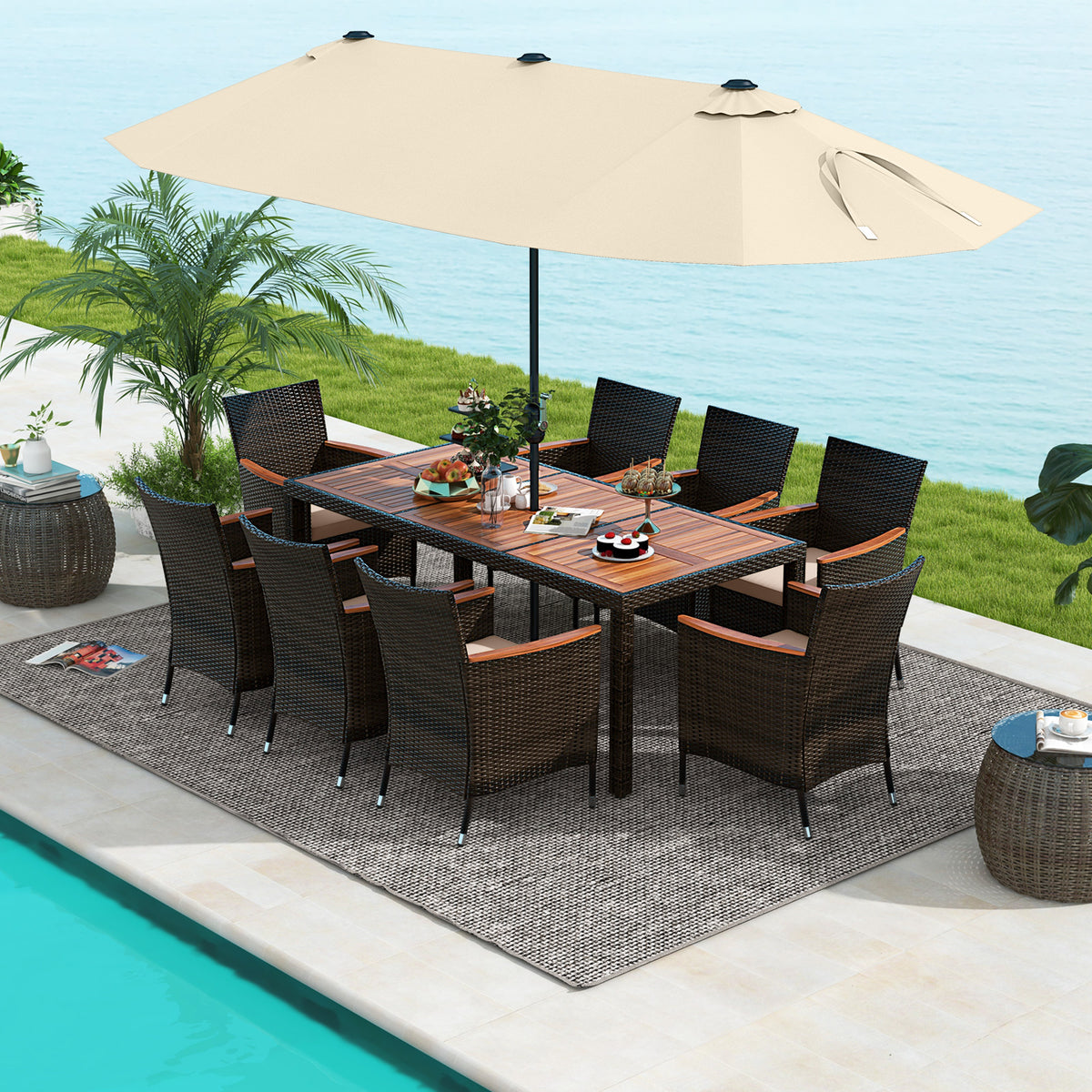 10-Piece Outdoor Dining Set with 15-ft Patio Umbrella - Brown