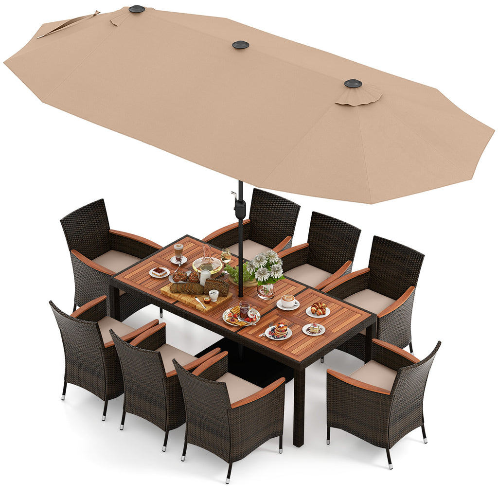 10-Piece Outdoor Dining Set with 15ft Double Patio Umbrella - Brown