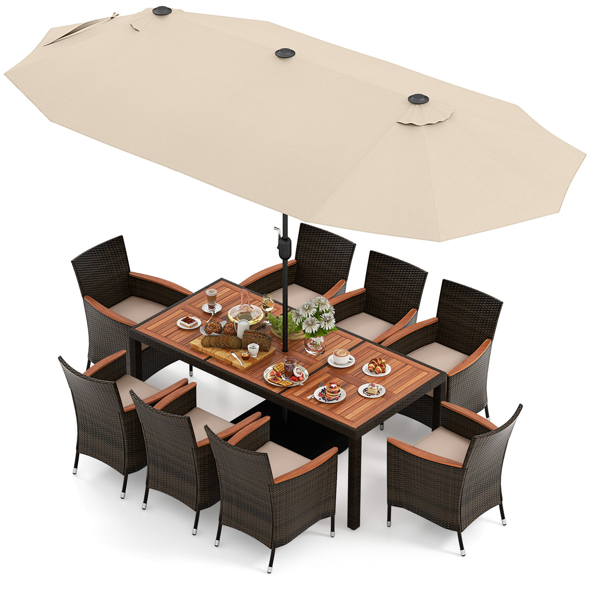 10-Piece Outdoor Dining Set with 15-ft Patio Umbrella - Brown