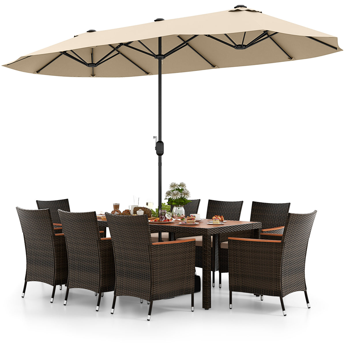 10-Piece Outdoor Dining Set with 15-ft Patio Umbrella - Brown