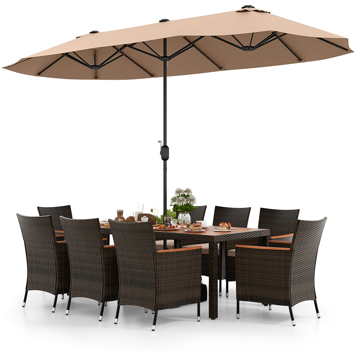 10-Piece Outdoor Dining Set with 15ft Double Patio Umbrella - Brown