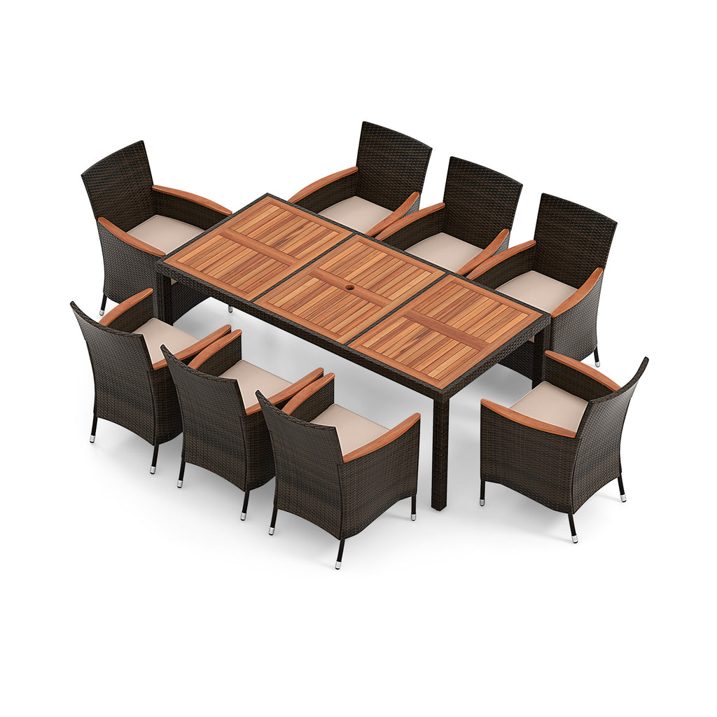 10-Piece Outdoor Dining Set with 15ft Double Patio Umbrella - Brown