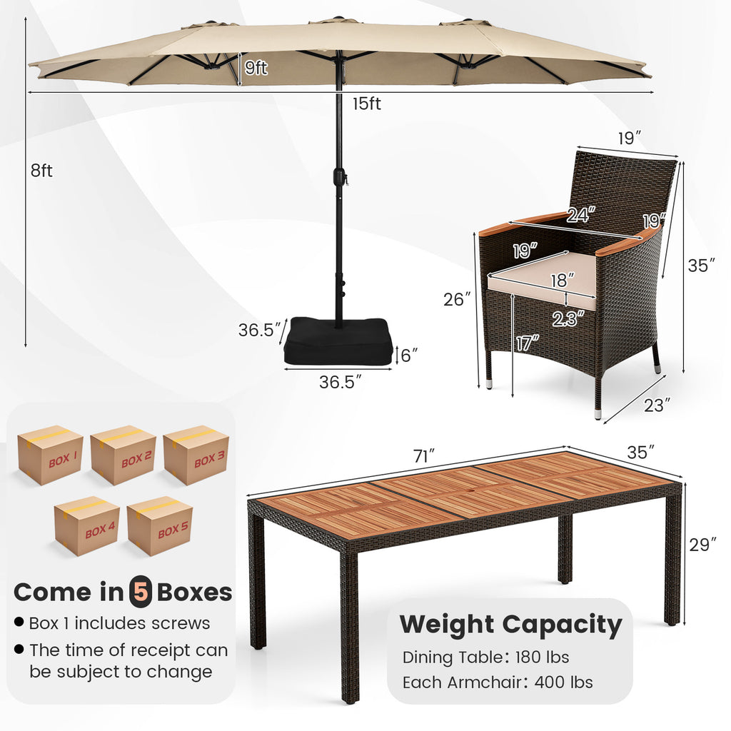 10-Piece Outdoor Dining Set with 15-ft Patio Umbrella - Brown