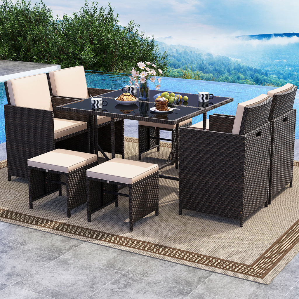 9 Piece Patio Dining Set with Glass Table & Ottoman - Black/Beige