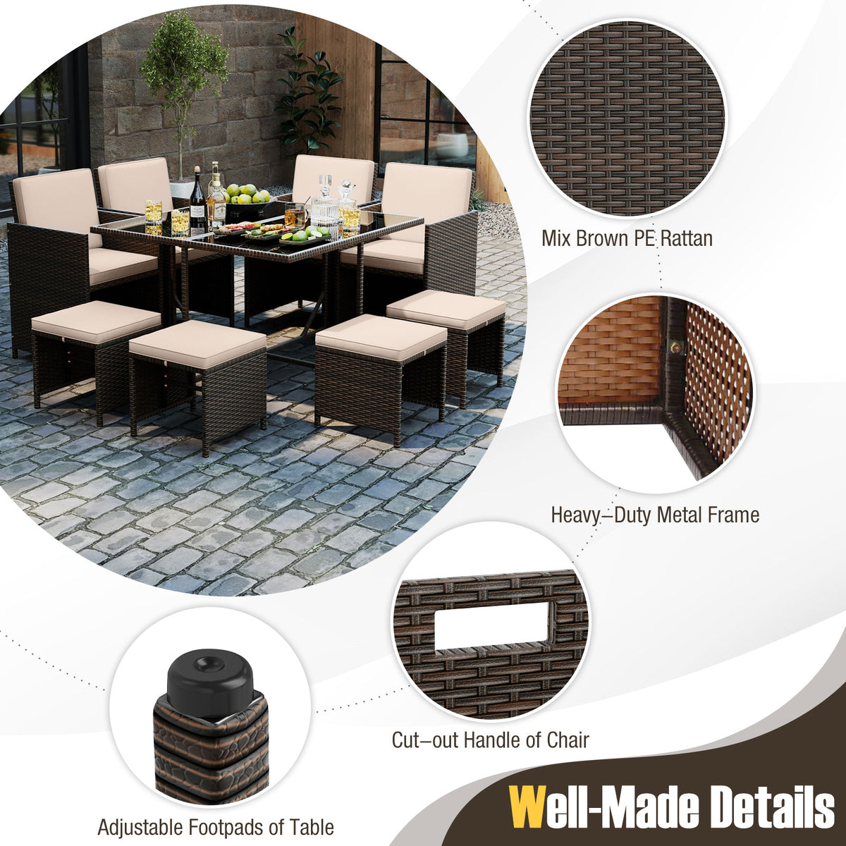 9 Piece Patio Dining Set with Glass Table & Ottoman - Black/Beige