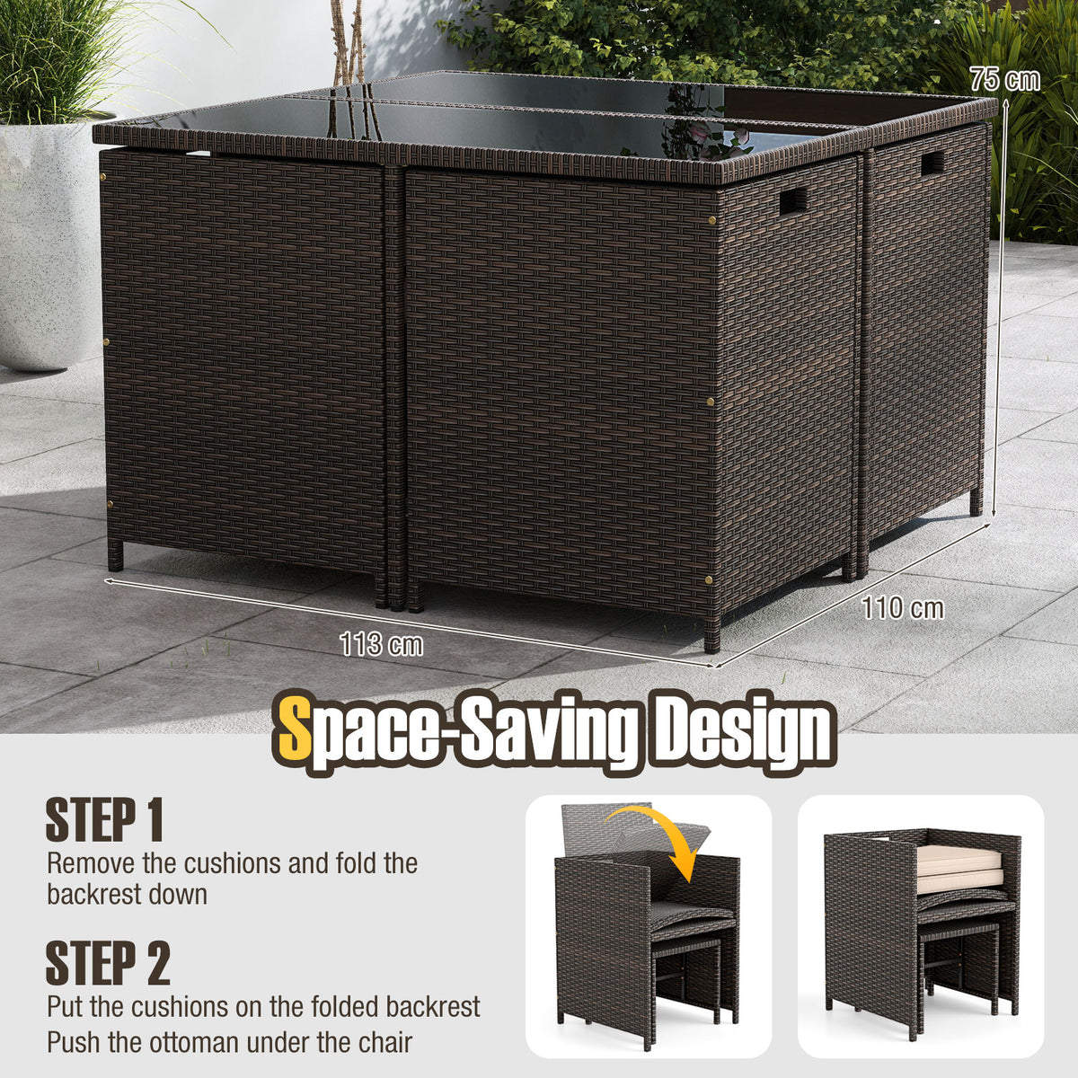 9 Piece Patio Dining Set with Glass Table & Ottoman - Black/Beige