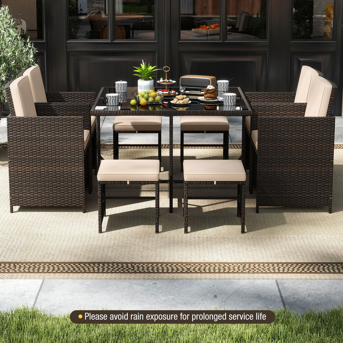 9 Piece Patio Dining Set with Glass Table & Ottoman - Black/Beige