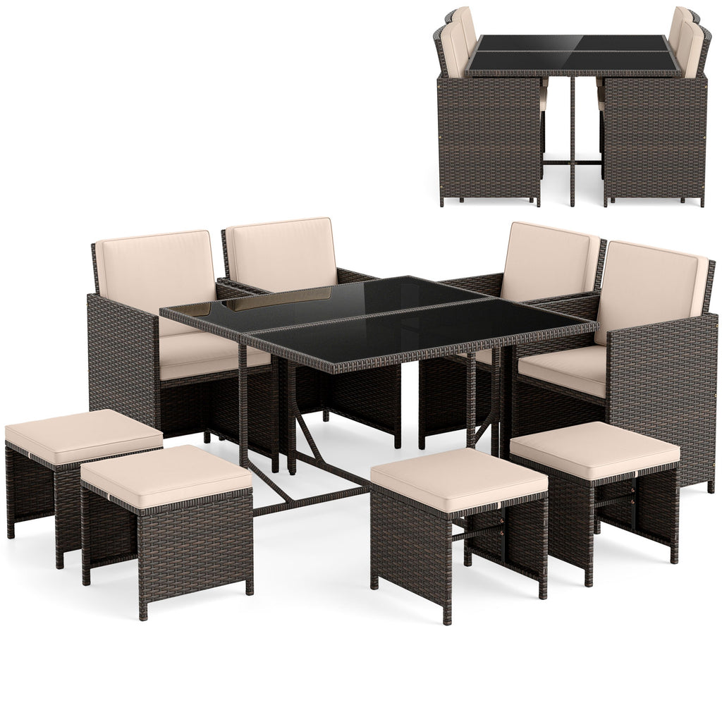 9 Piece Patio Dining Set with Glass Table & Ottoman - Black/Beige