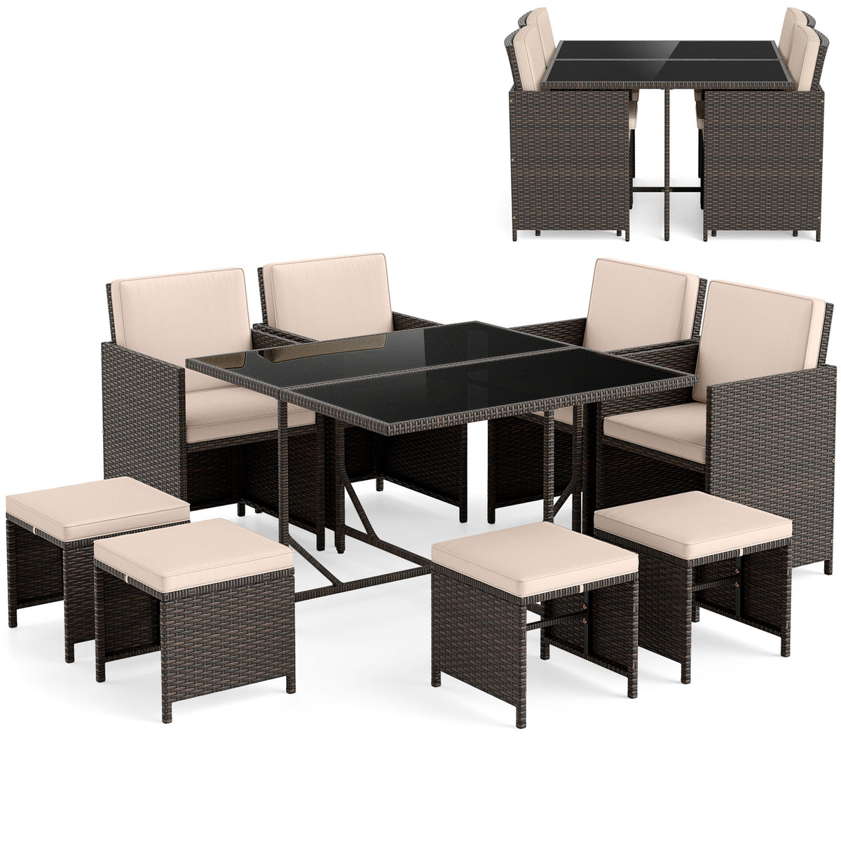 9 Piece Patio Dining Set with Glass Table & Ottoman - Black/Beige