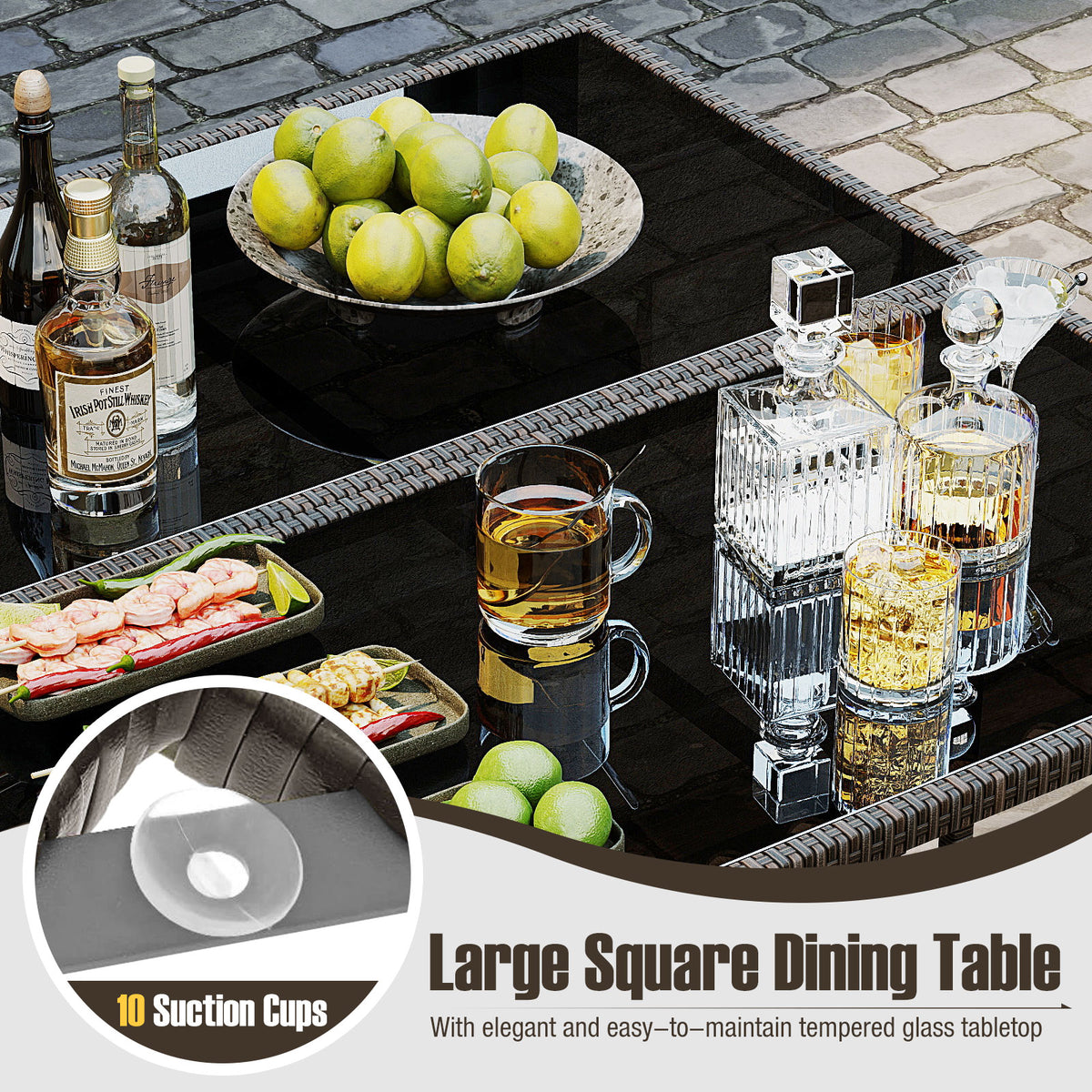 9 Piece Patio Dining Set with Glass Table & Ottoman - Black/Beige
