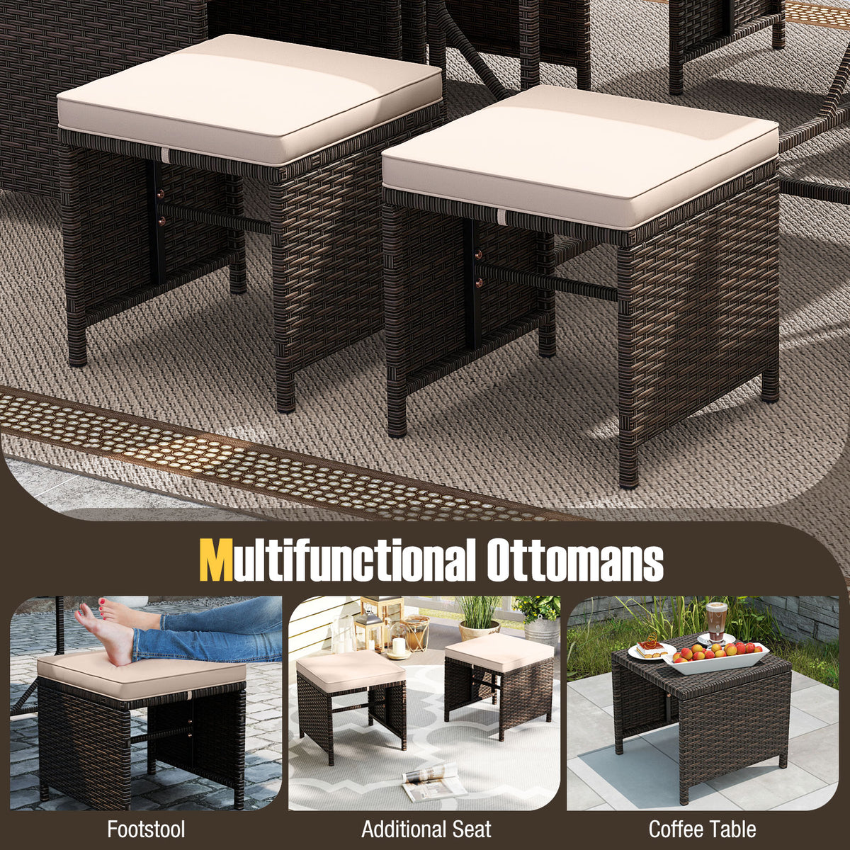 9 Piece Patio Dining Set with Glass Table & Ottoman - Black/Beige