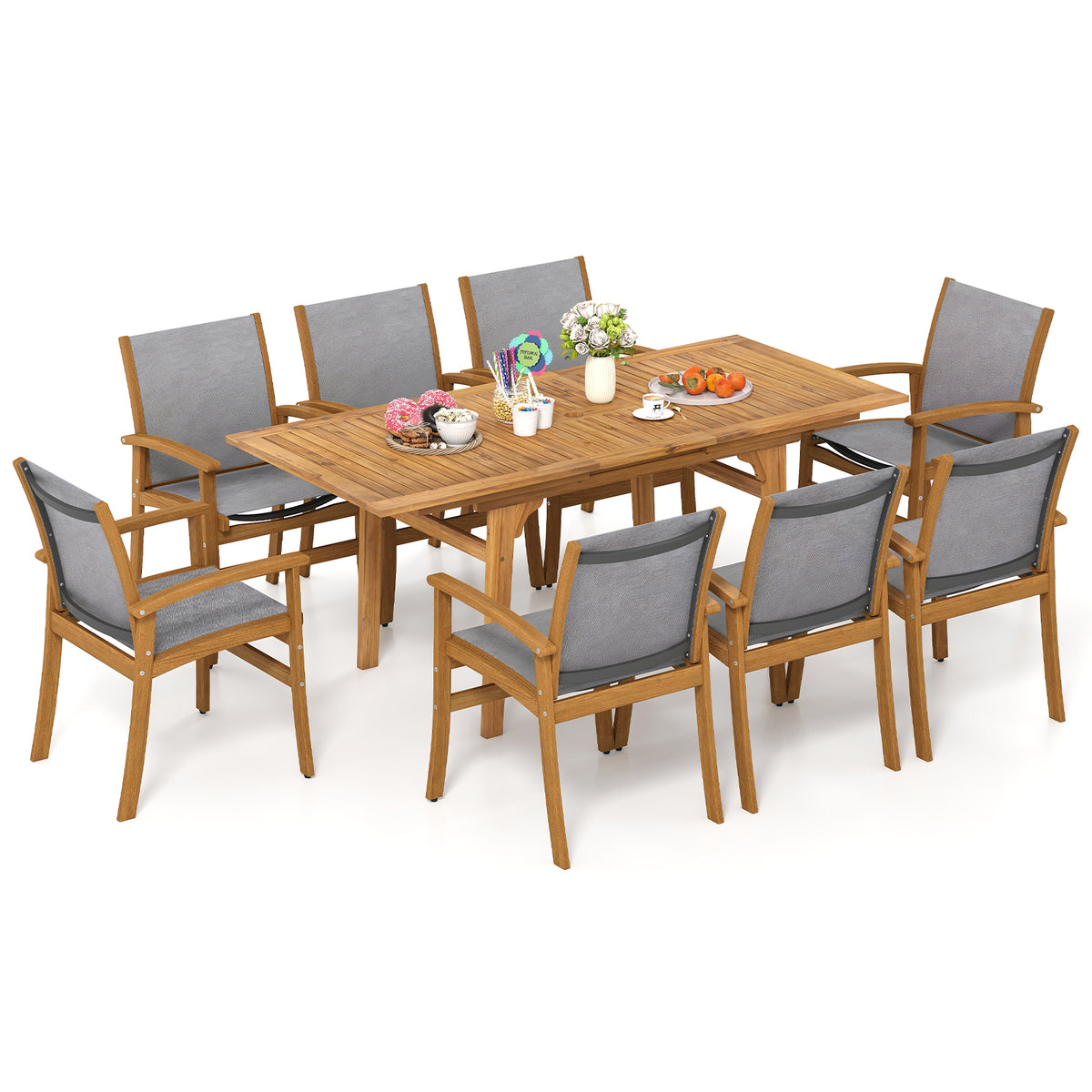 Acacia Wood Patio Dining Set for 6-8 - Gray