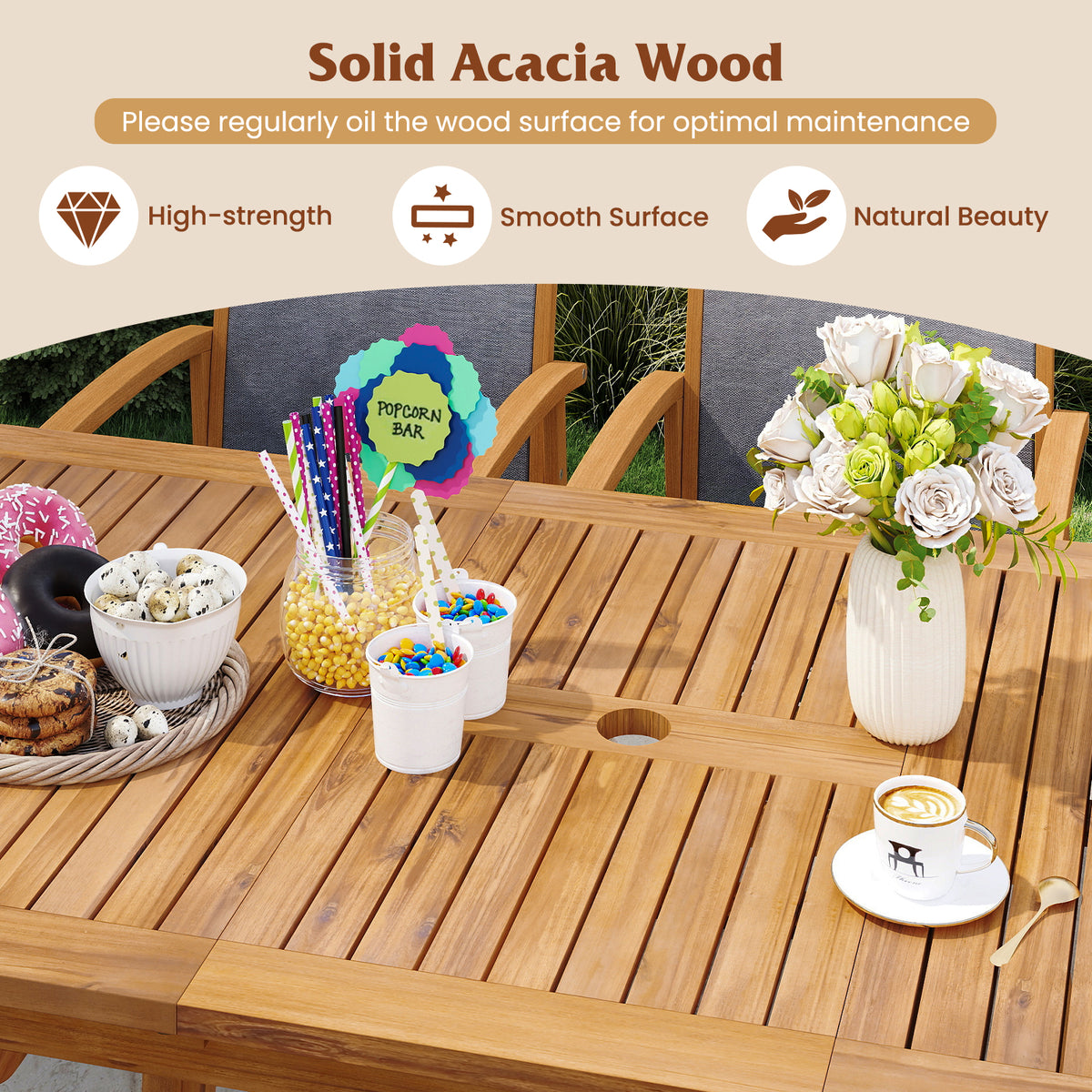 Acacia Wood Patio Dining Set for 6-8 - Gray