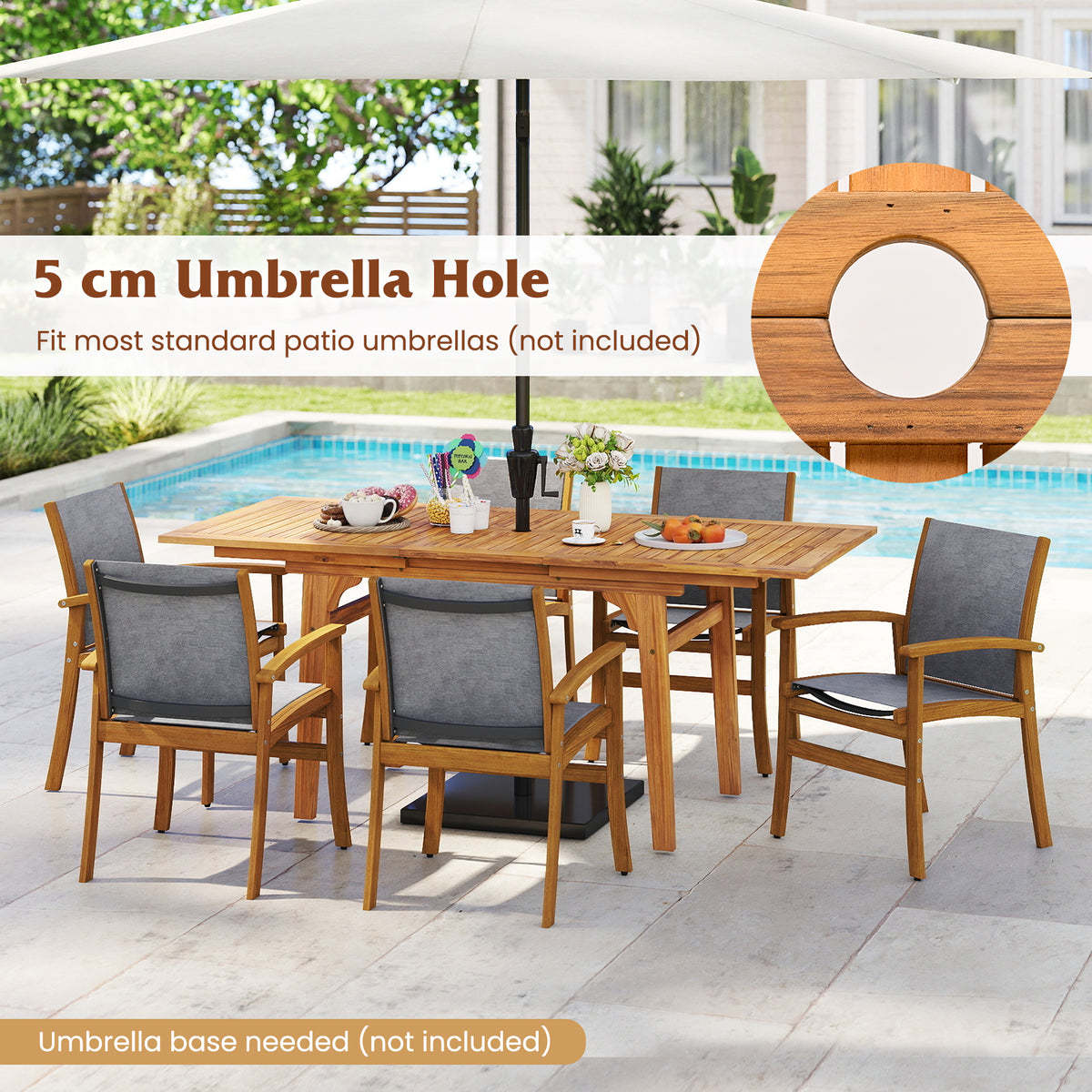Acacia Wood Patio Dining Set for 6-8 - Gray