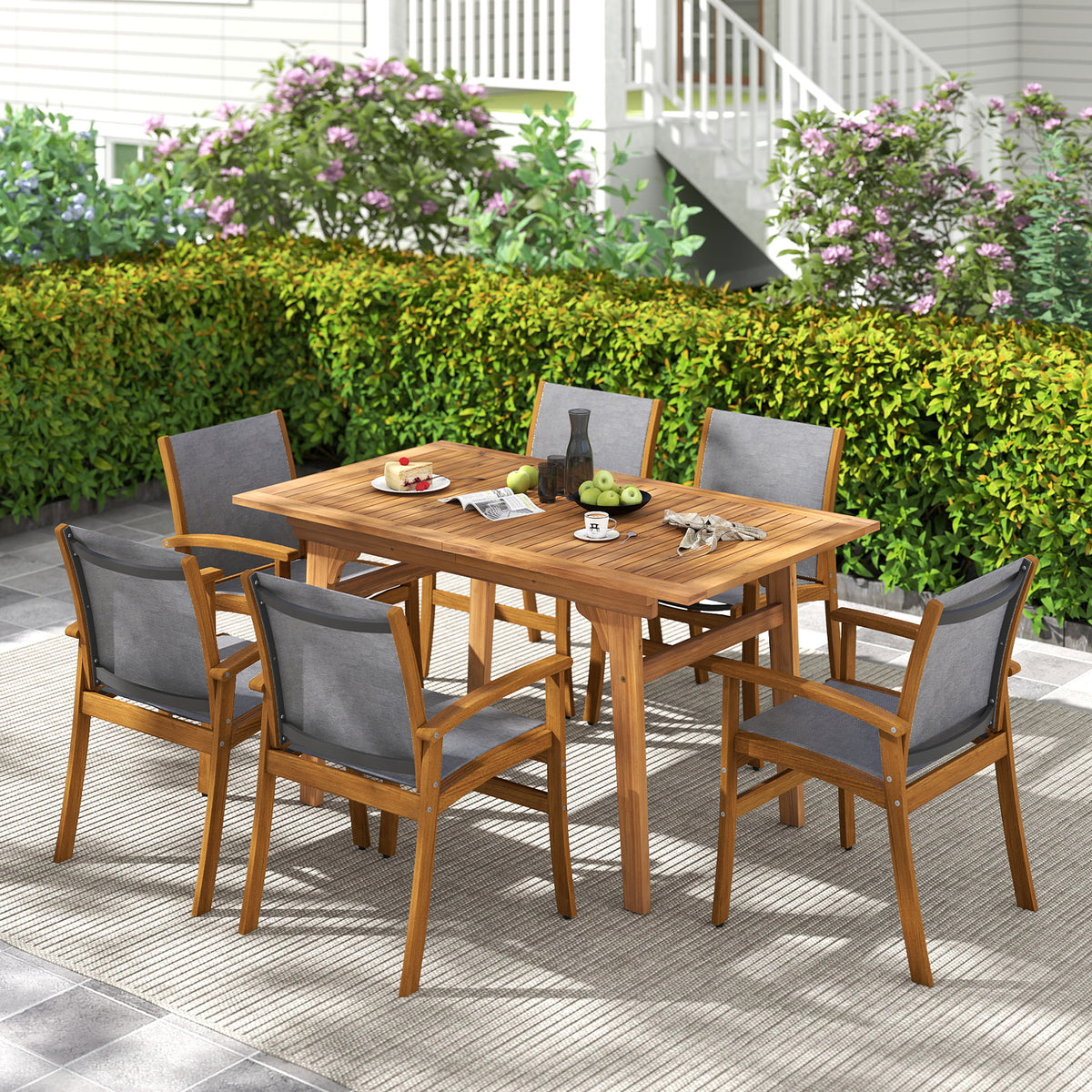 Acacia Wood Patio Dining Set for 6-8 - Gray