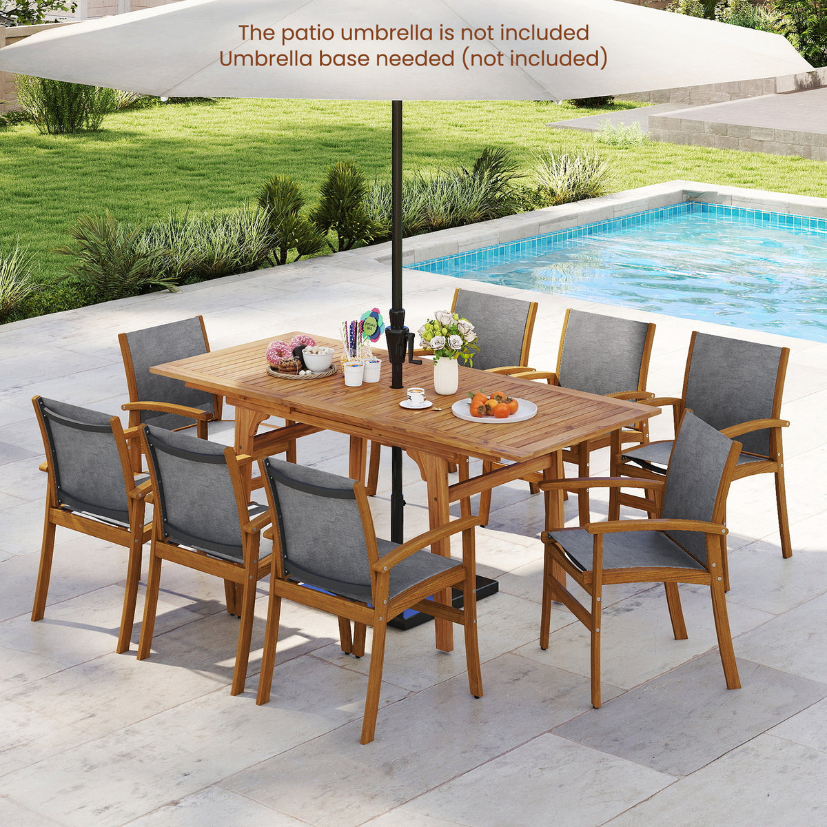 Acacia Wood Patio Dining Set for 6-8 - Gray