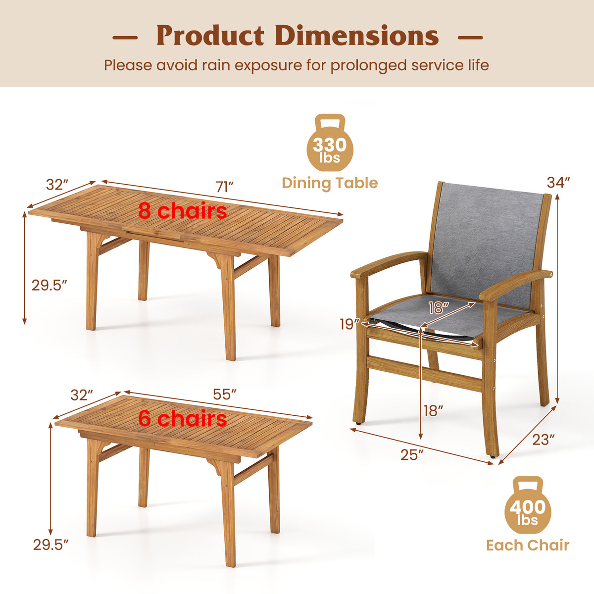 Acacia Wood Patio Dining Set for 6-8 - Gray