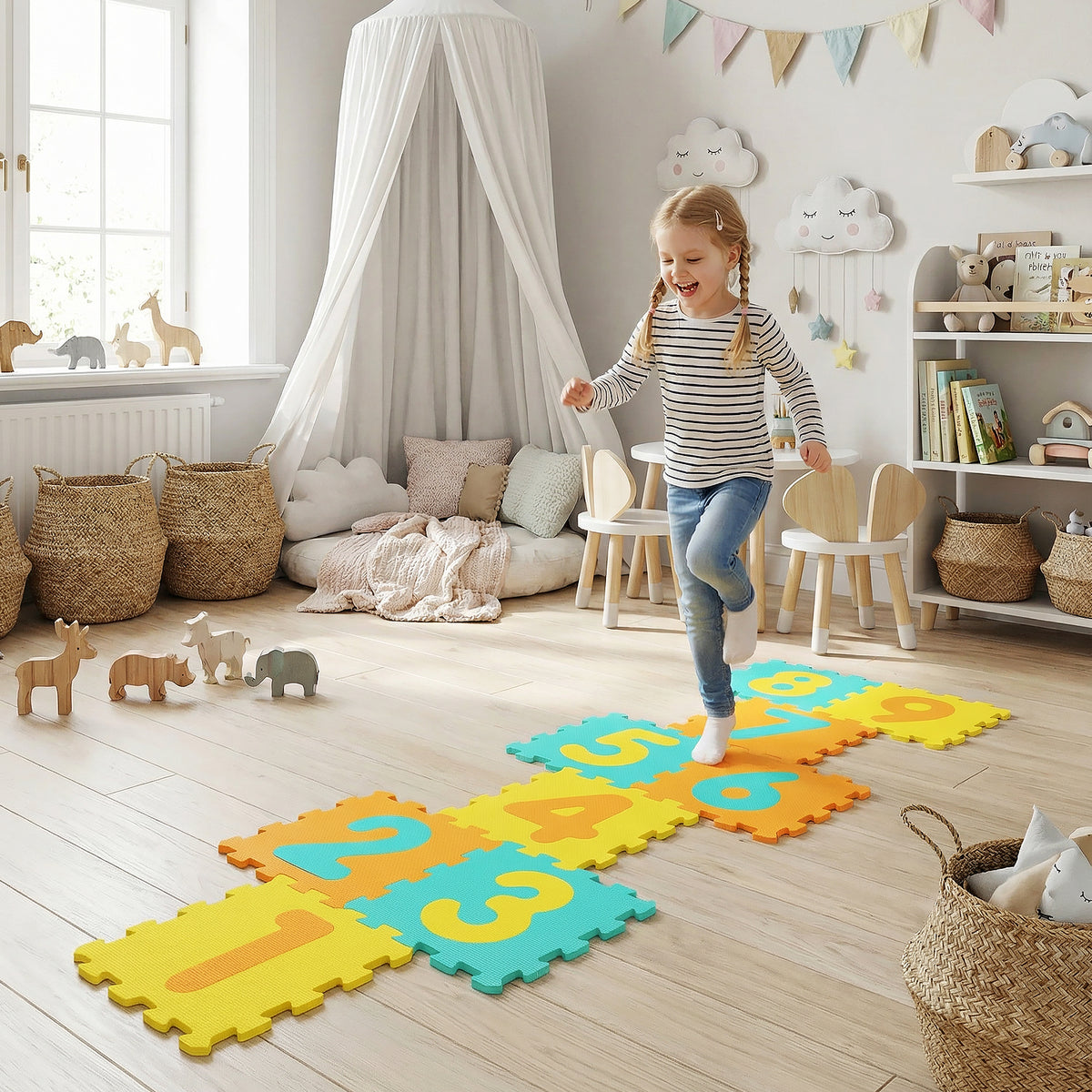 Pink Interlocking Foam Puzzle Floor Mat Set with 3 Marker Discs - 9 Pieces