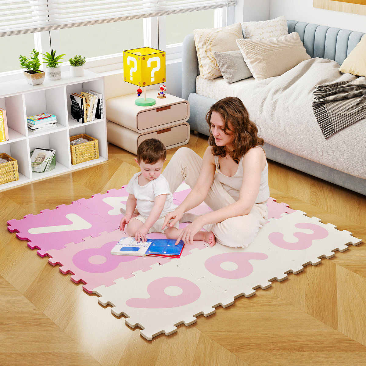 Pink Interlocking Foam Puzzle Floor Mat Set with 3 Marker Discs - 9 Pieces