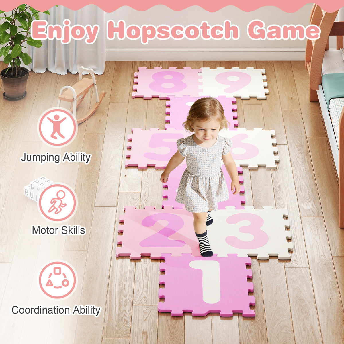 Pink Interlocking Foam Puzzle Floor Mat Set with 3 Marker Discs - 9 Pieces