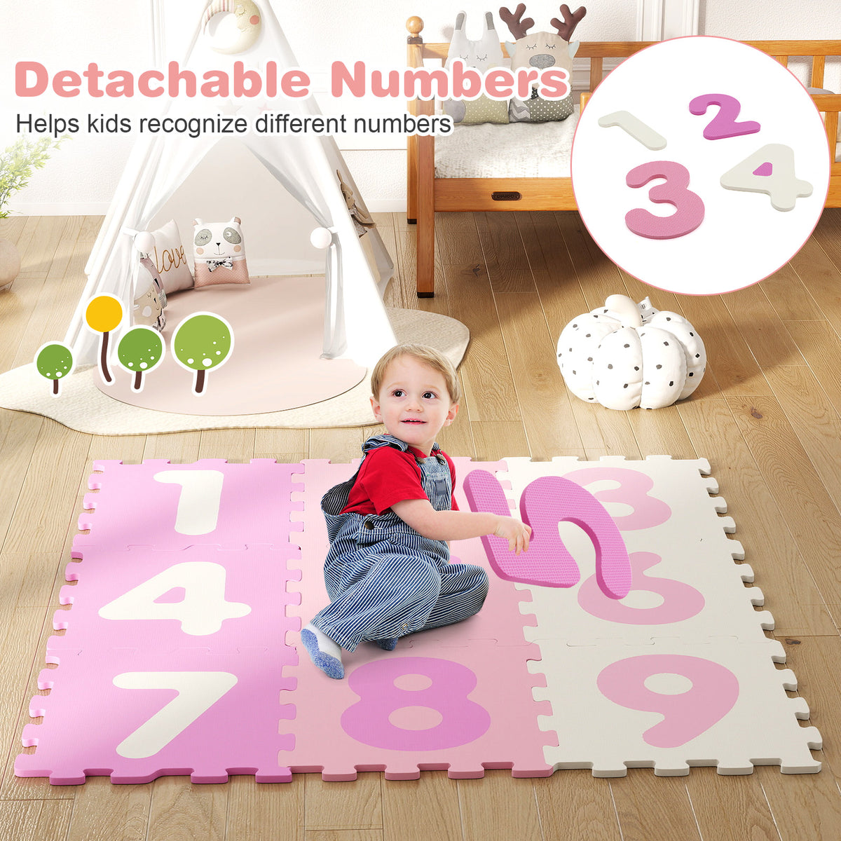 Pink Interlocking Foam Puzzle Floor Mat Set with 3 Marker Discs - 9 Pieces