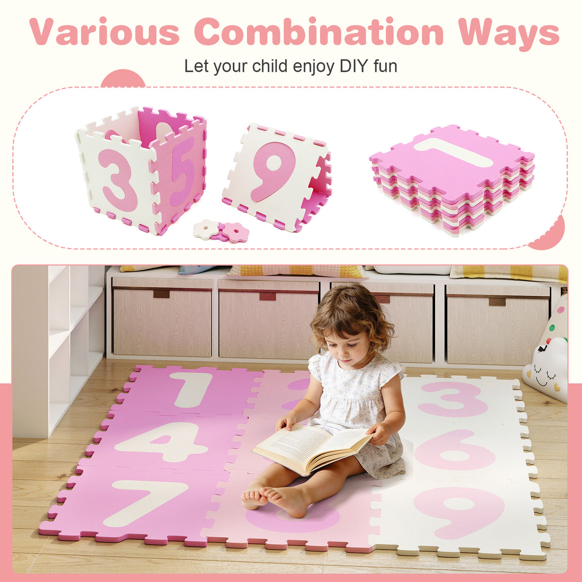 Pink Interlocking Foam Puzzle Floor Mat Set with 3 Marker Discs - 9 Pieces