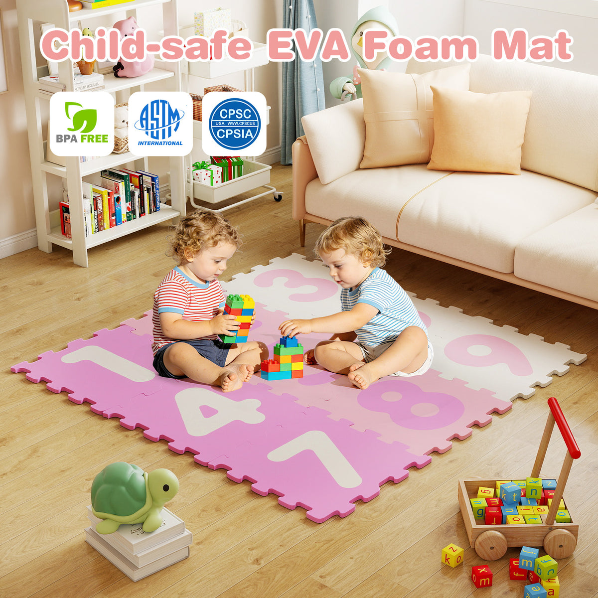 Pink Interlocking Foam Puzzle Floor Mat Set with 3 Marker Discs - 9 Pieces