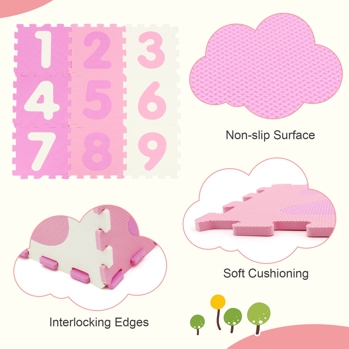 Pink Interlocking Foam Puzzle Floor Mat Set with 3 Marker Discs - 9 Pieces