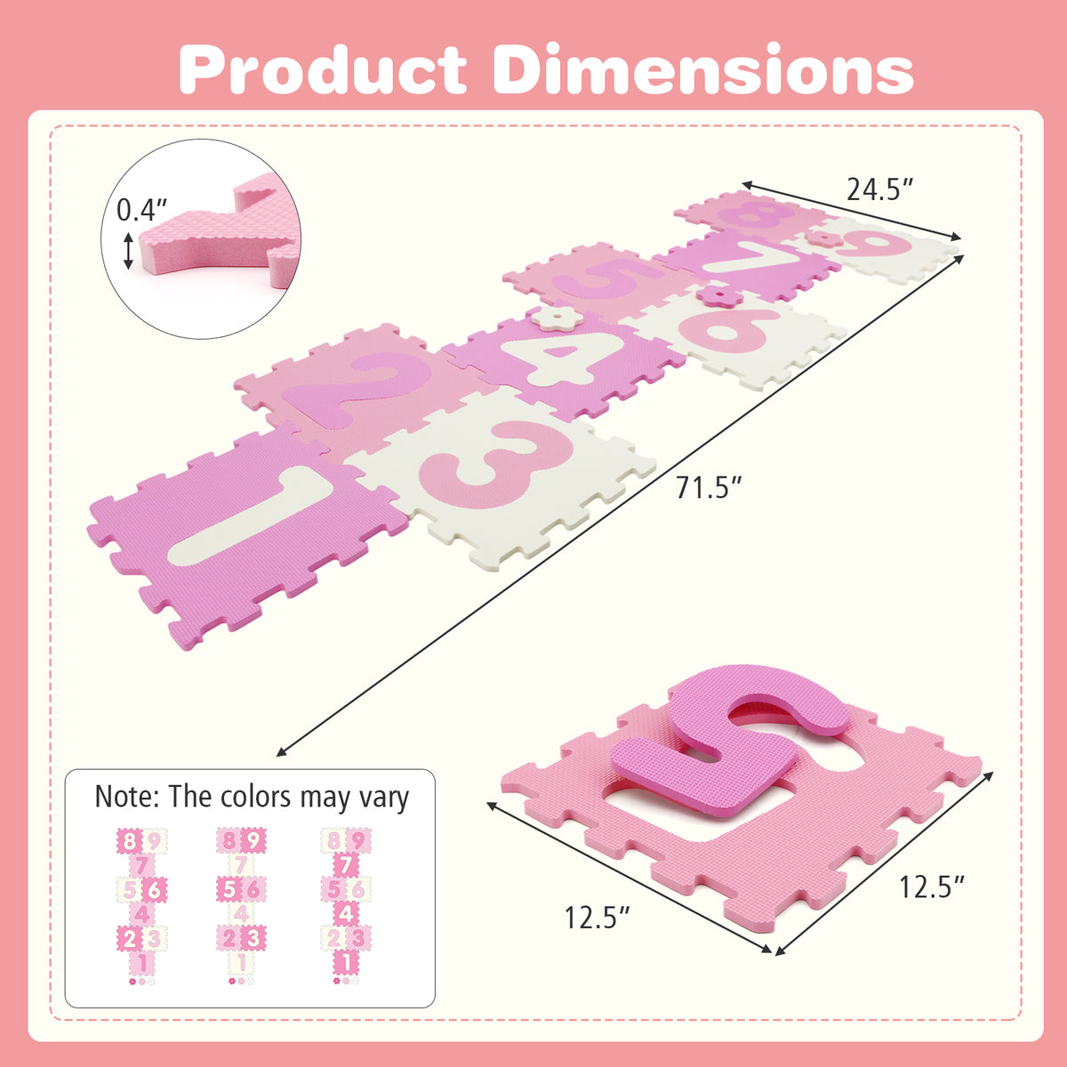 Pink Interlocking Foam Puzzle Floor Mat Set with 3 Marker Discs - 9 Pieces