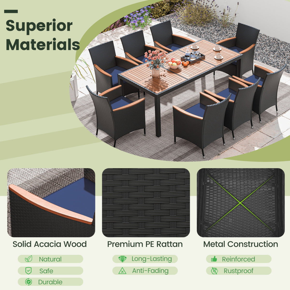9 Pieces Outdoor Dining Set with Acacia Wood Tabletop for Garden